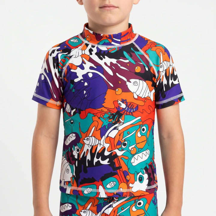 Children's UPF 50+ short-sleeve rash guard, quick-dry sun protection for water play.