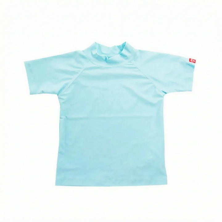 Blue kids' short-sleeve rash guard, quick-dry UPF 50+ sun protection for beach fun.