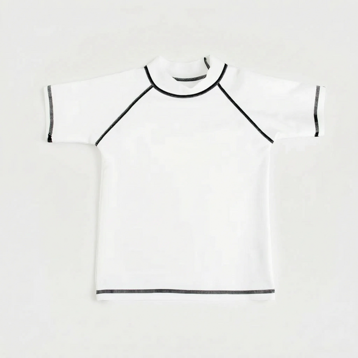 Quick-dry short-sleeve youth rash guard for beach & pool, offering UPF 50+ sun protection.