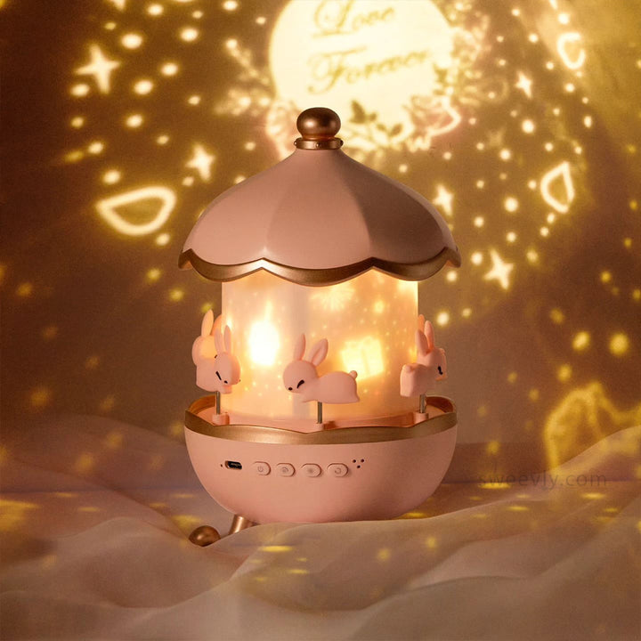 Soothing night light projector casting calming stars & moons on a child's bedroom ceiling for restful sleep.