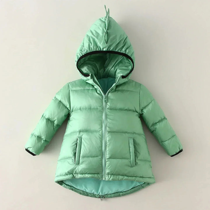 Warm & waterproof kids' winter coat for boys & girls, featuring a roaring dinosaur design & protective hood. Great for play.