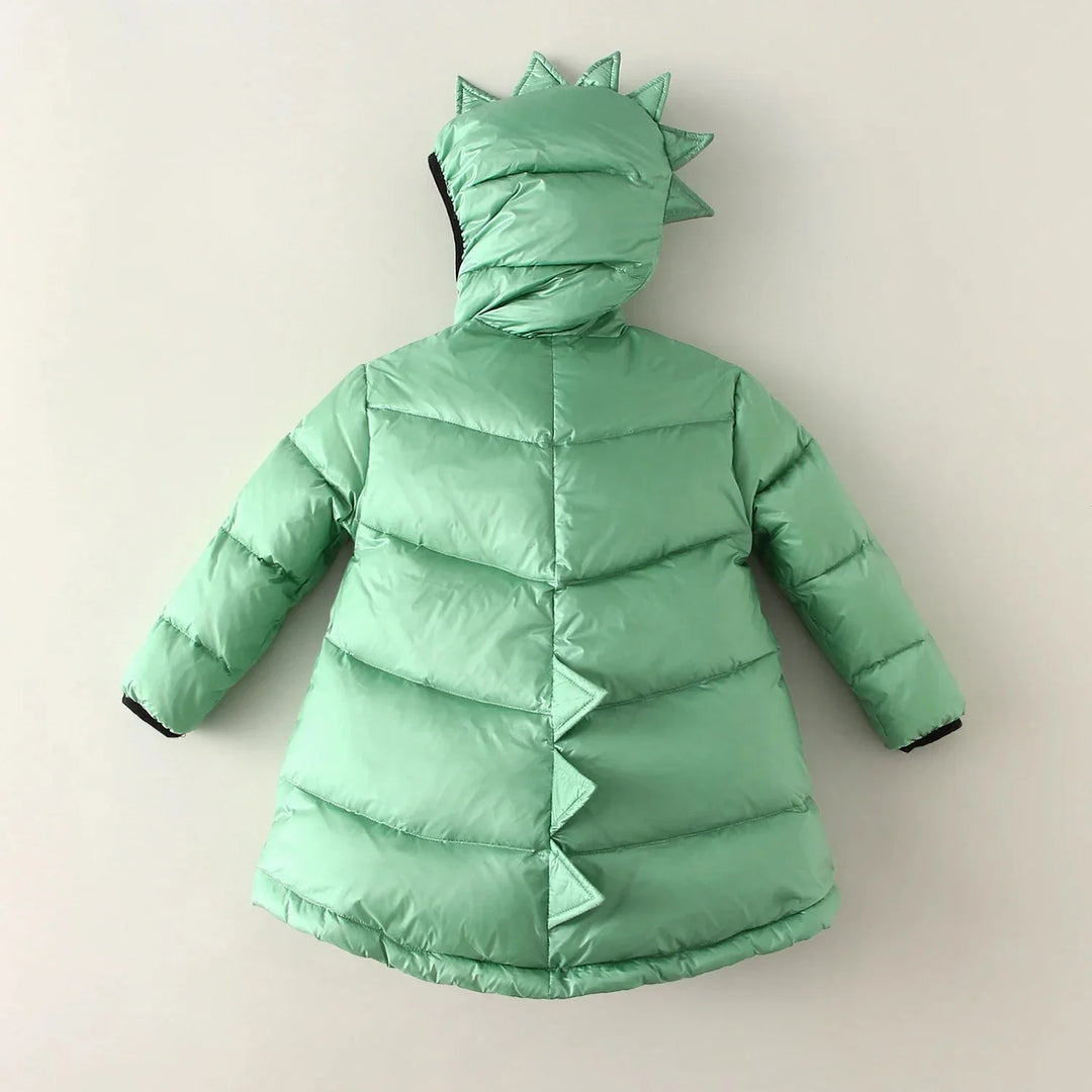 Dinosaur winter jacket for kids, boys & girls. Waterproof & warm, with fun dino spikes. Ideal for outdoor winter playtime.
