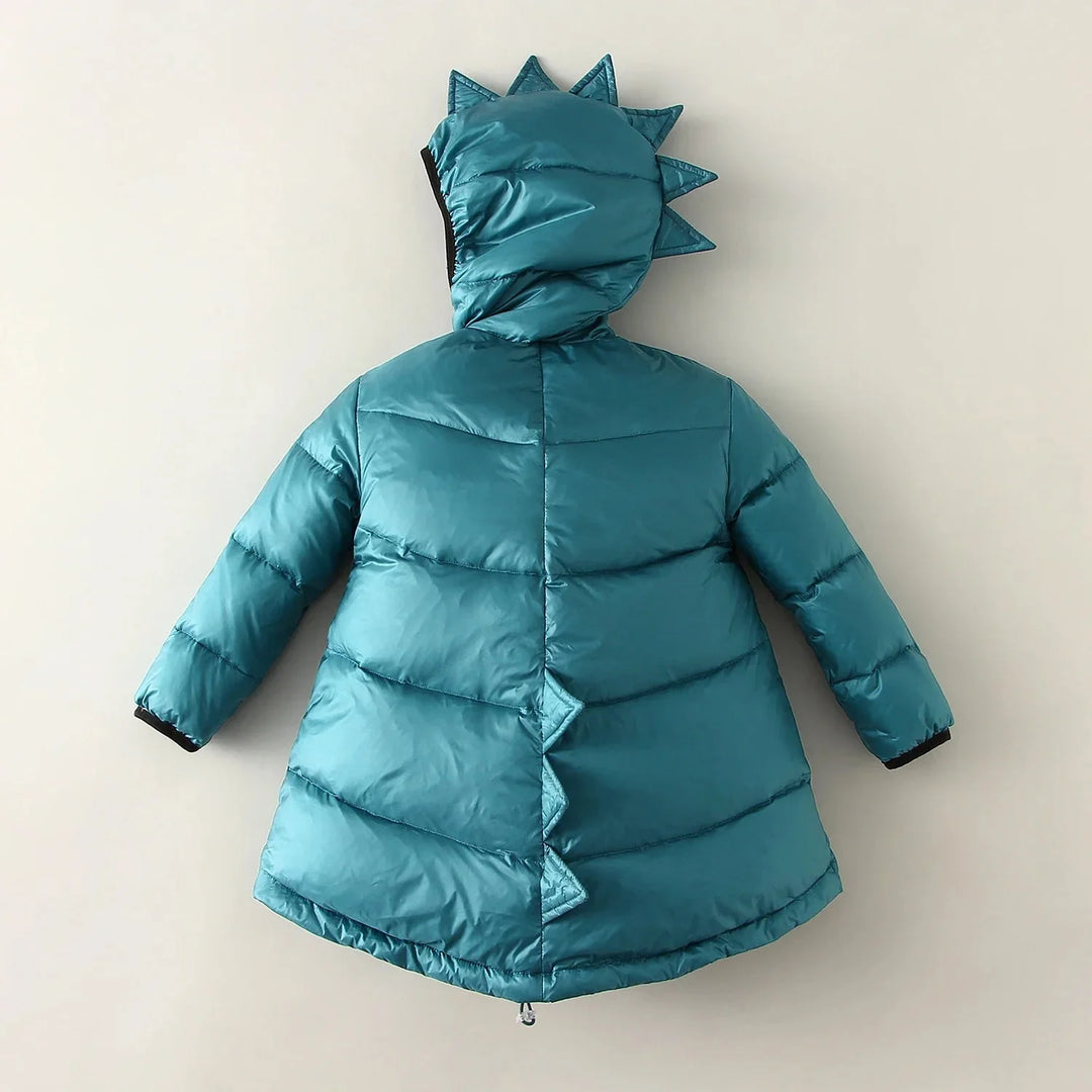 Durable, waterproof kids' dino winter jacket. Warm outerwear for active boys & girls. Features a roaring dinosaur design.