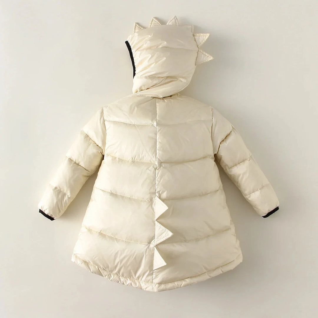 Cozy, waterproof toddler winter jacket with roaring dino design. Warm & comfortable for little adventurers, with cool spikes.