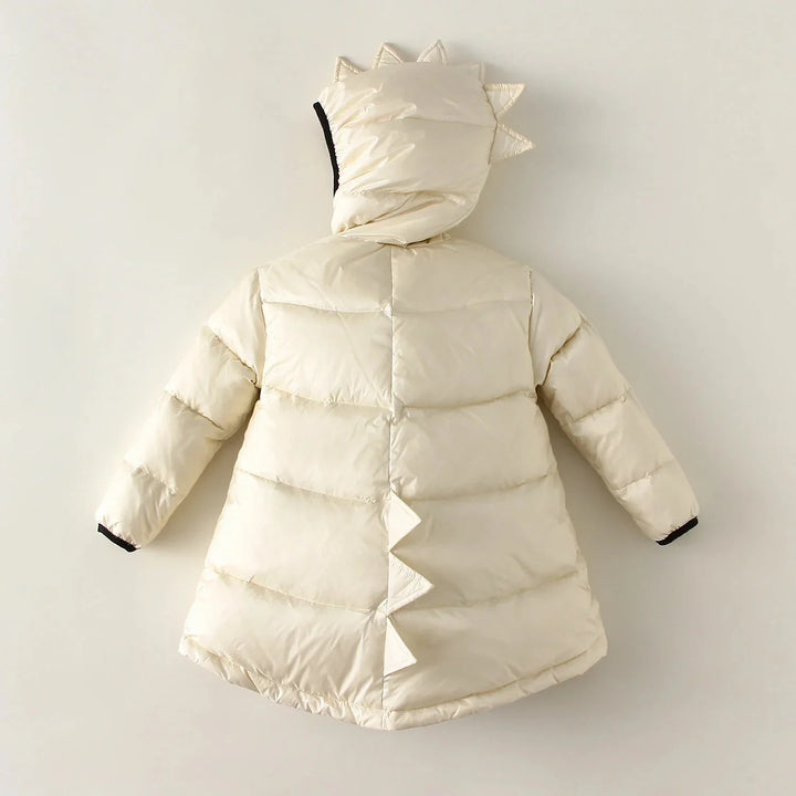 Cozy, waterproof toddler winter jacket with roaring dino design. Warm & comfortable for little adventurers, with cool spikes.