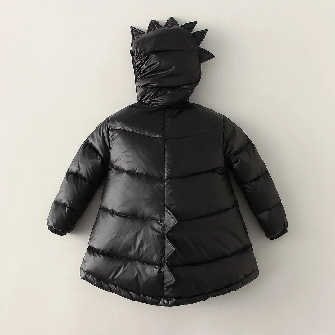 Roaring dino kids' winter coat, super warm & waterproof. Perfect for snowy adventures & outdoor playtime, featuring spikes.