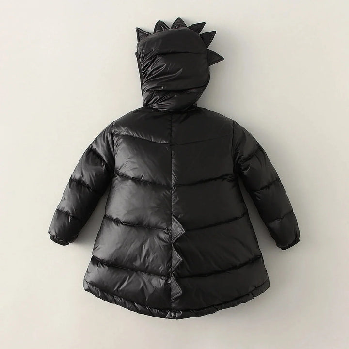 Roaring dino kids' winter coat, super warm & waterproof. Perfect for snowy adventures & outdoor playtime, featuring spikes.