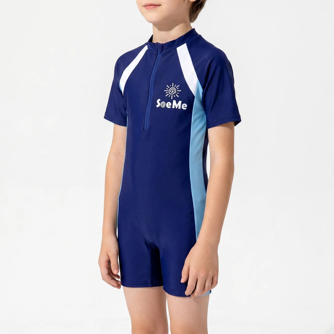 Children's UPF 50+ short-sleeve rash guard swimsuit for beach, pool, and sun protection.