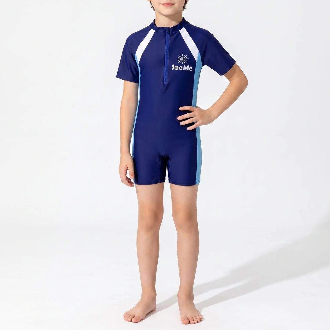 Short-sleeve rash guard one-piece swimsuit for kids, great for active summer beach and pool play.