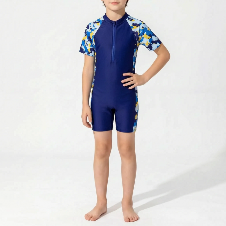 Child's protective short-sleeve rash guard swimsuit, ideal for pool, beach, and sunny days.