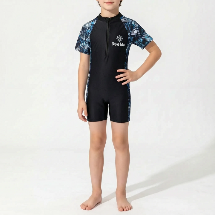 Kids' short-sleeve rash guard one-piece swimsuit for ultimate sun protection during play.