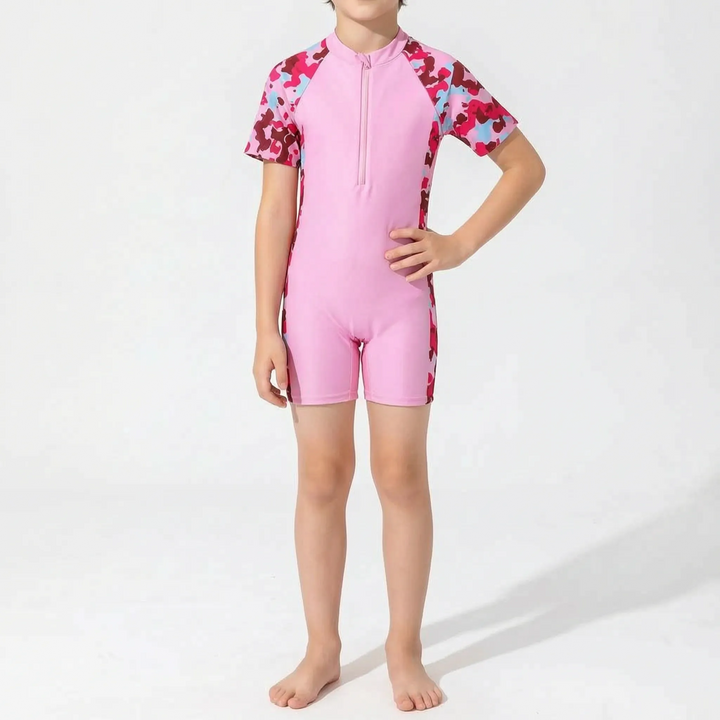Toddler/Kids' short-sleeve rash guard swimsuit for beach, pool, and all water activities.