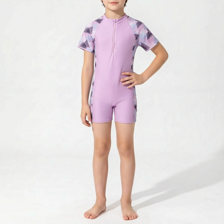 Sun protective short-sleeve rash guard swimsuit for kids' active summer beach and pool fun.