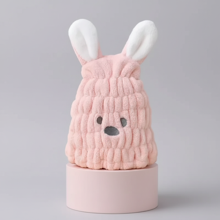 Close-up of fluffy Kids' Hair Drying Cap, ultra-soft and absorbent microfiber bath cap