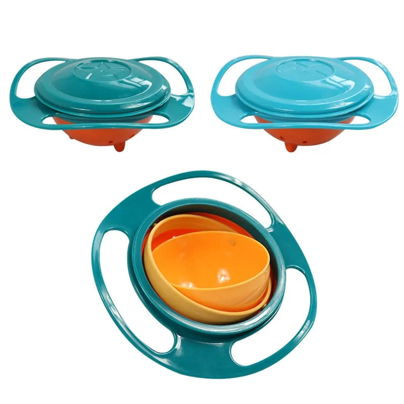 Baby feeding solution: Spill-proof gyro snack bowl. Mess-free, child-proof design.