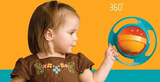 Child-proof gyro bowl. Innovative rotating design keeps snacks inside. Perfect for kids.