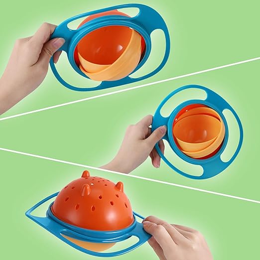 Spill-proof snack container, the SpinSnack gyro bowl. Ideal for mess-free kids' meals.