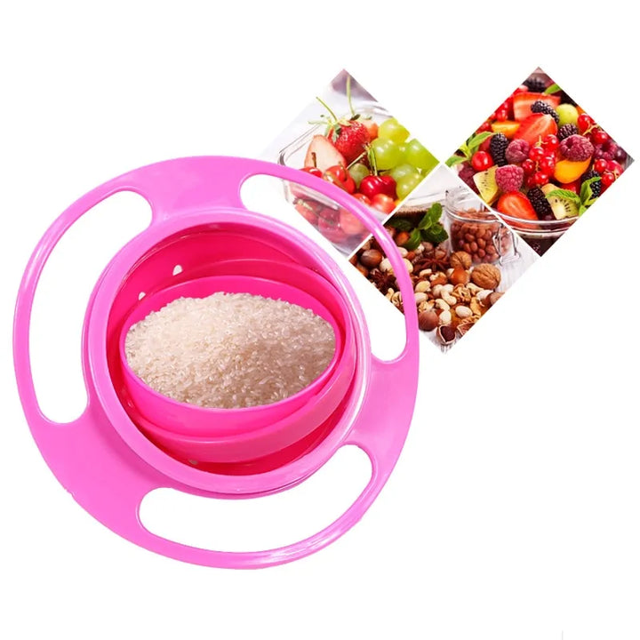 Mess-free baby supplies: Spill-proof gyro food bowl. Child-proof snack container.