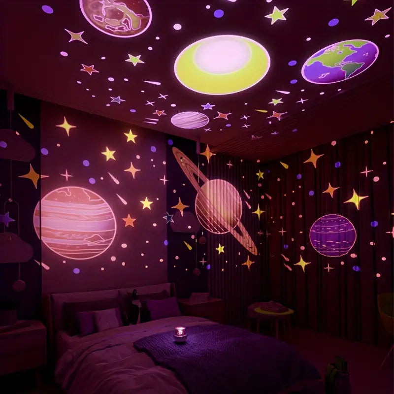 USB rechargeable star projector, casts magical stars and moons, perfect nursery lamp & sleep aid for kids.