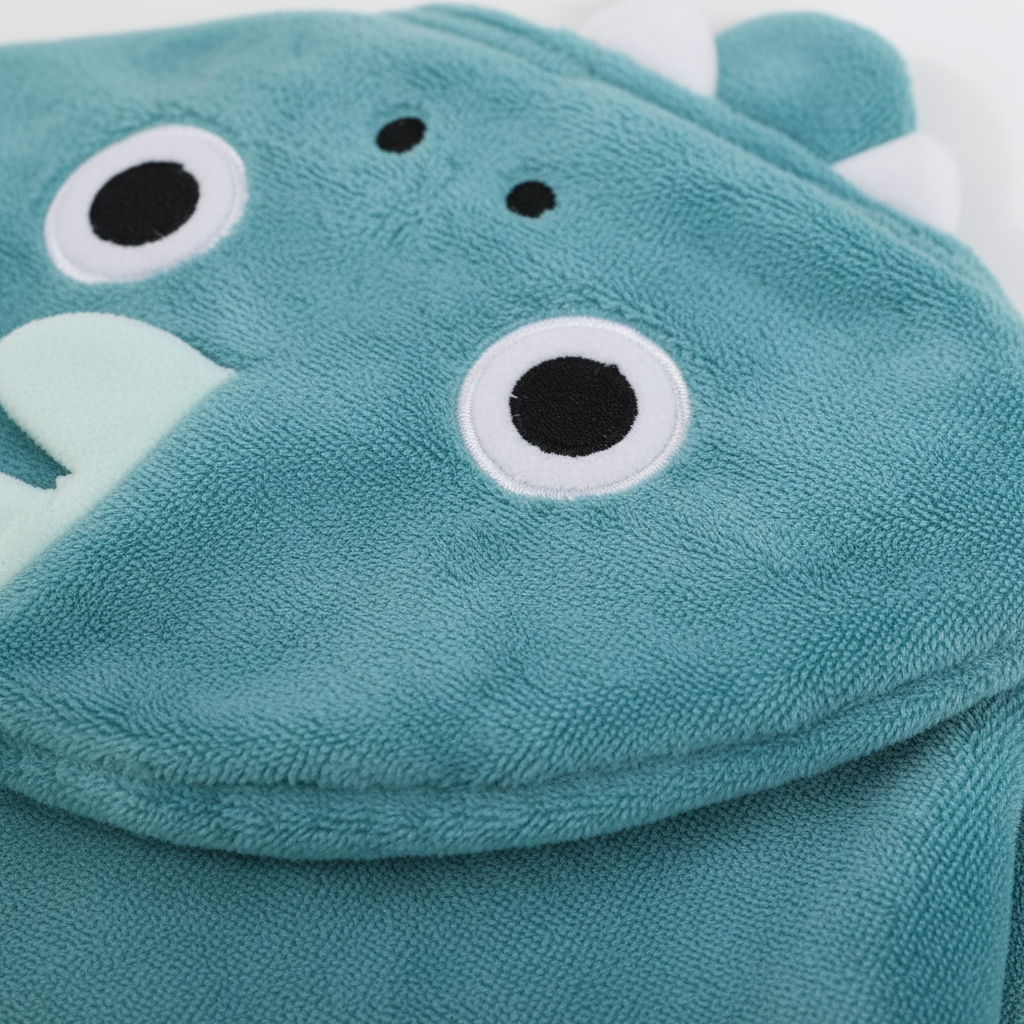 Blue kids' animal hooded bathrobe, super soft and quick-dry. Ideal for cozy bath time and toddler comfort.