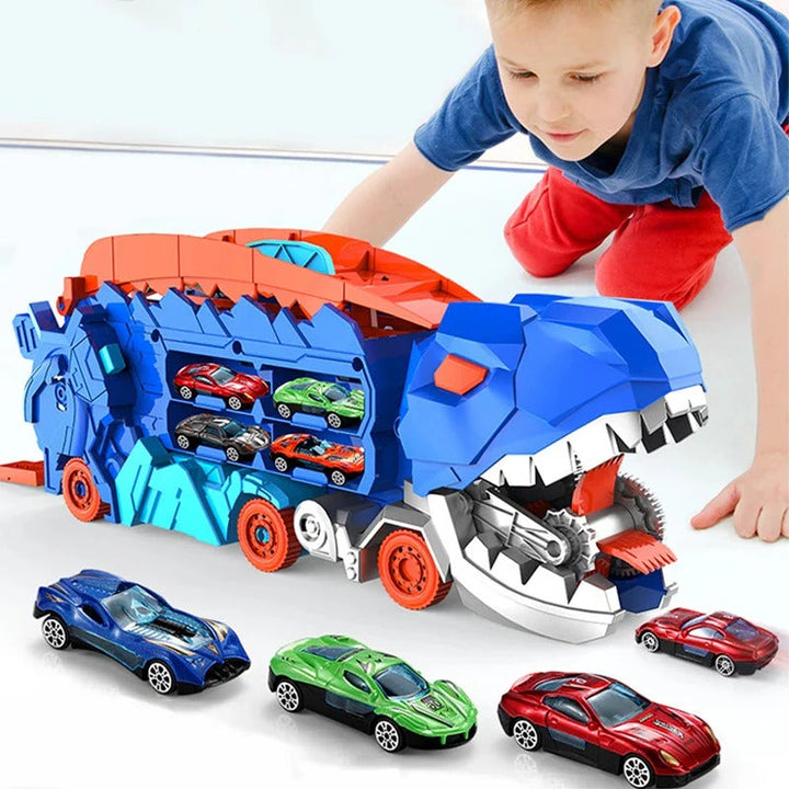 Kids' transforming dinosaur truck toy with open dual tracks for racing & built-in car storage playset.