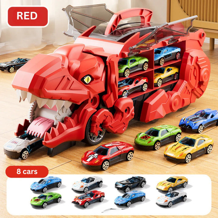 Interactive transforming dinosaur truck for kids; converts to a fun race track & offers smart car storage.