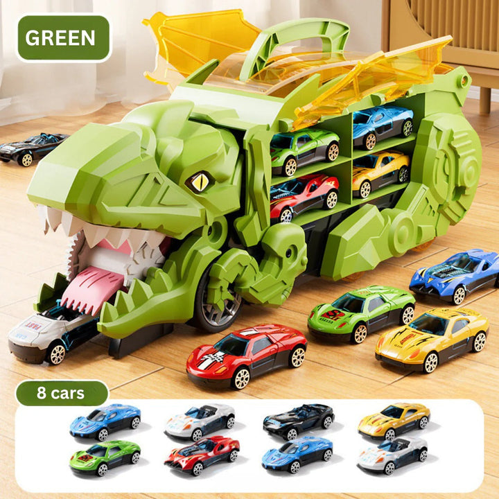 Dino truck playset for kids, transforming into a cool race track with car storage. Engaging boys & girls toy.