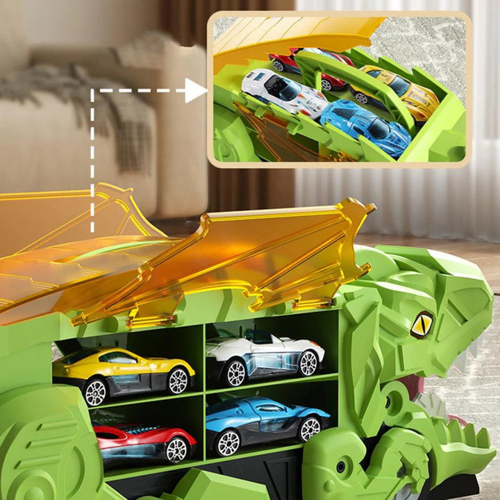 Engaging transforming dinosaur truck for kids with dual racing tracks & built-in car storage for vehicles.