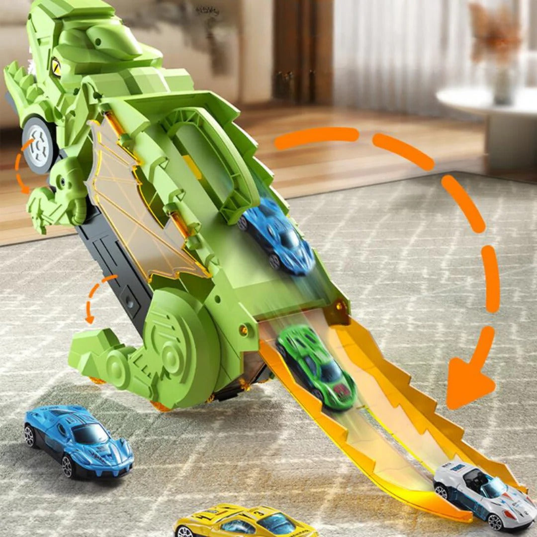 Exciting transforming dinosaur truck toy for boys & girls, featuring dual tracks for racing mini cars & storage.