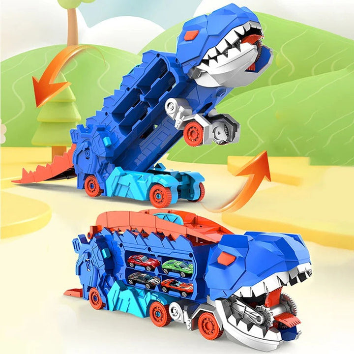 Educational transforming dinosaur truck for kids, includes car storage & an exciting dual race track adventure.