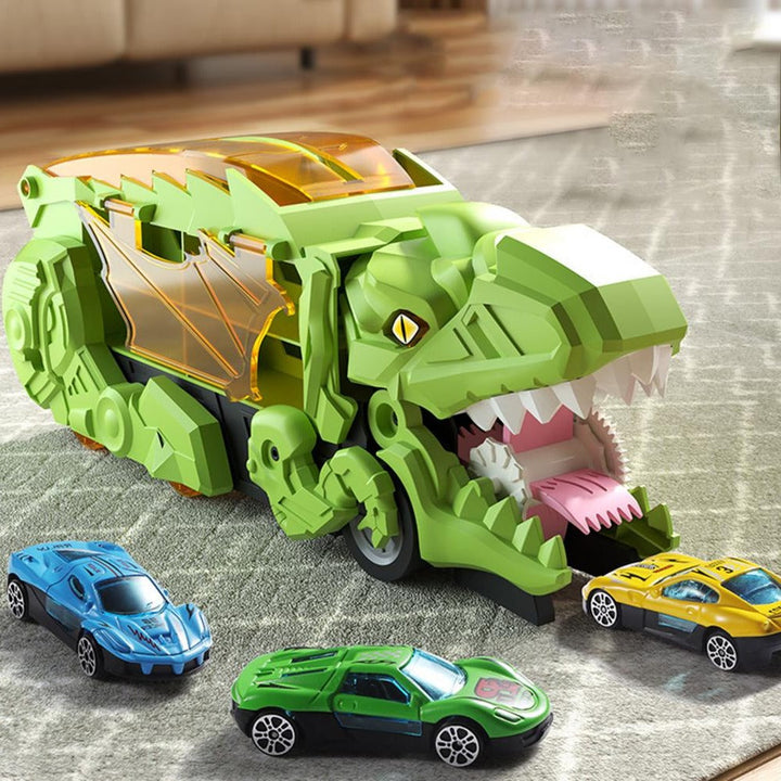Transforming dinosaur truck with dual race tracks & car storage, perfect for imaginative kids' dino playtime.
