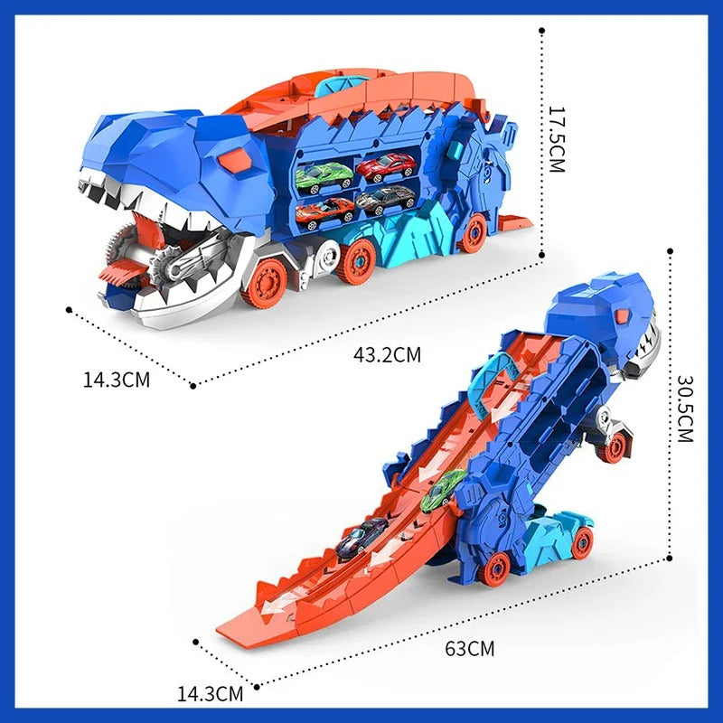 Dinosaur car toy: a transforming truck for kids that converts to dual race tracks with integrated car storage.