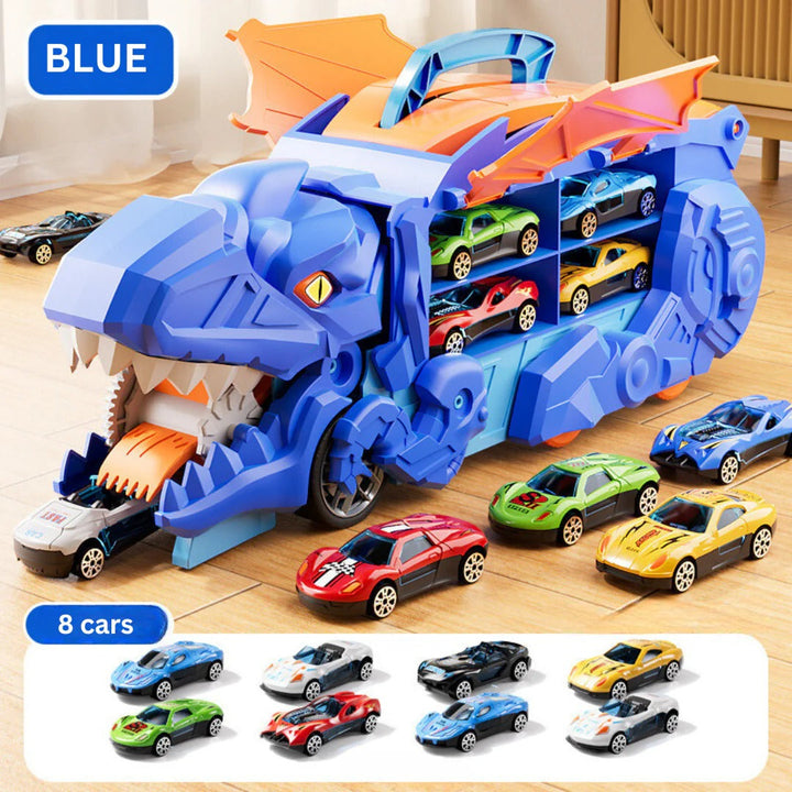 Dynamic transforming dinosaur truck toy for kids, revealing dual race tracks and convenient vehicle storage.