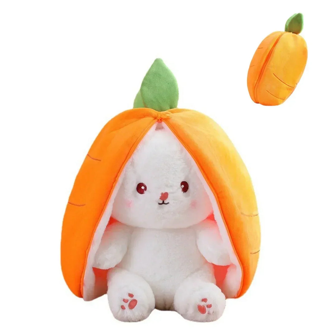 Soft transforming rabbit plush toy that converts to a cute strawberry fruit. Perfect kids gift.