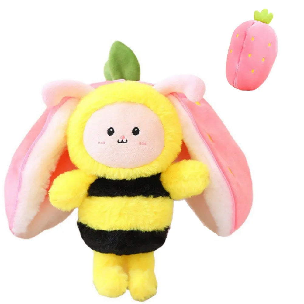 Adorable bee transforming plush toy, switches from character to sweet fruit; a fun cuddle toy.