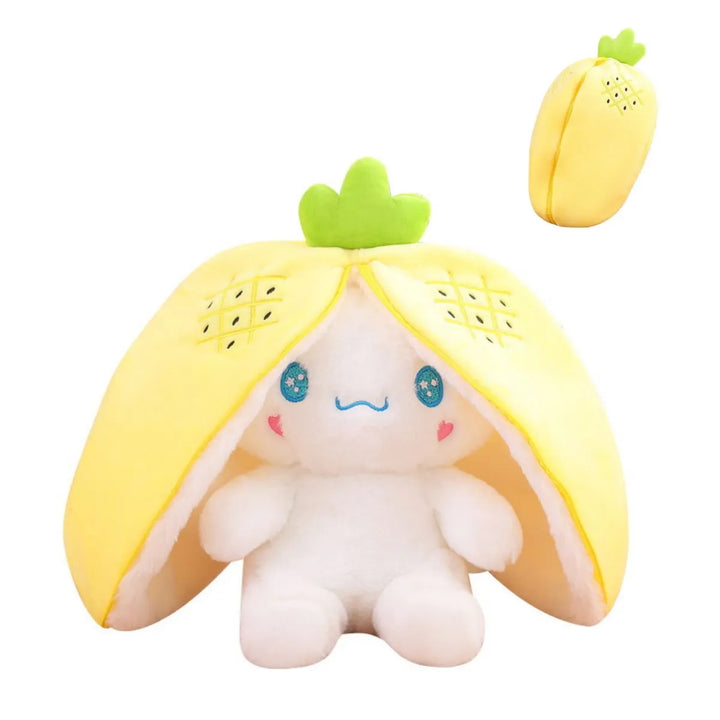 Soft transforming fruit & animal plush toy, perfect cuddle companion & kids' imaginative play.