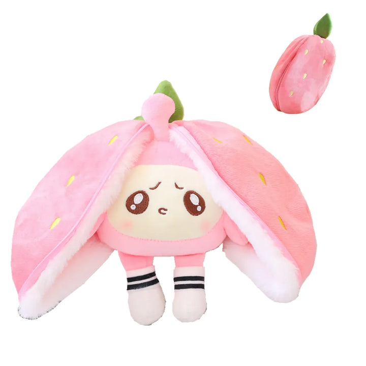 Interactive transforming plush animal set: rabbit, bee, dog & fruit forms for creative play.