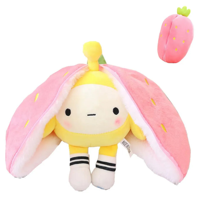 Kids' favorite transforming cuddle toy: soft animal character magically becomes a fruit plush.