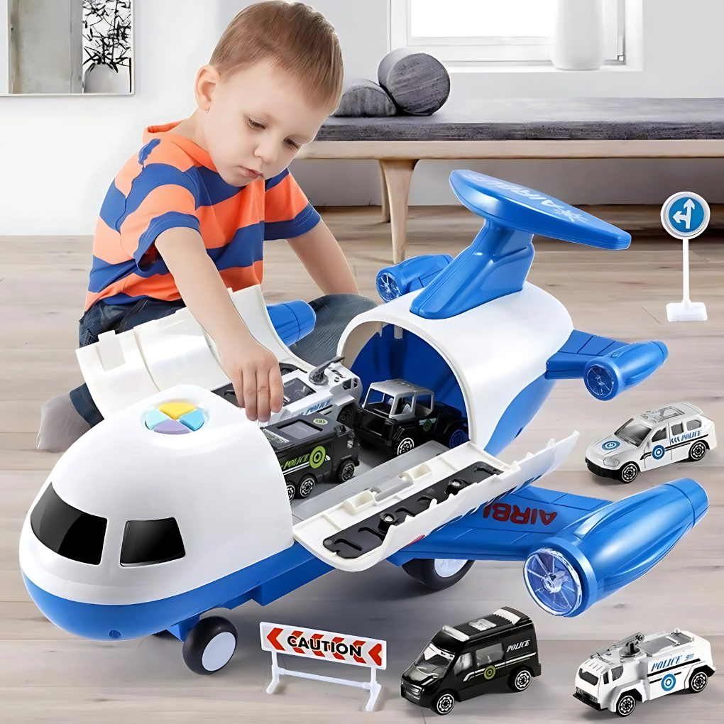 Engaging kids' transforming toy airplane with music, lights & storage. Deformable plane promotes imaginative play for children.