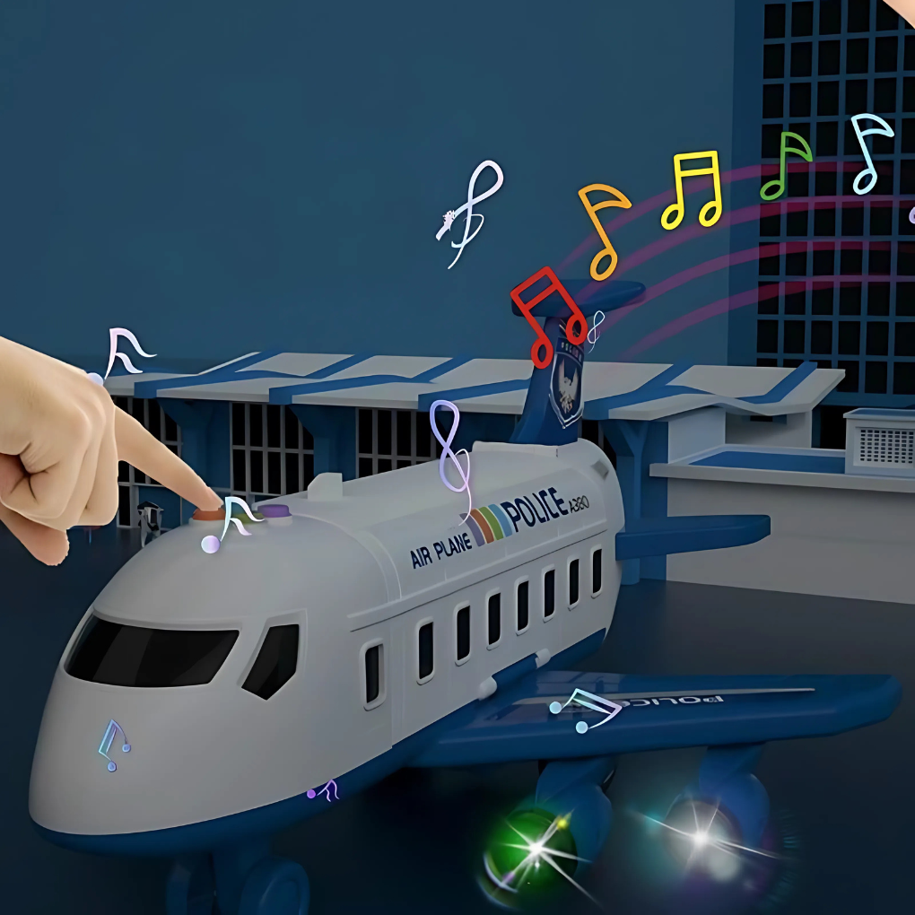 Multi-functional transforming toy airplane with storage, music, and lights. A deformable plane for engaging kids' play.