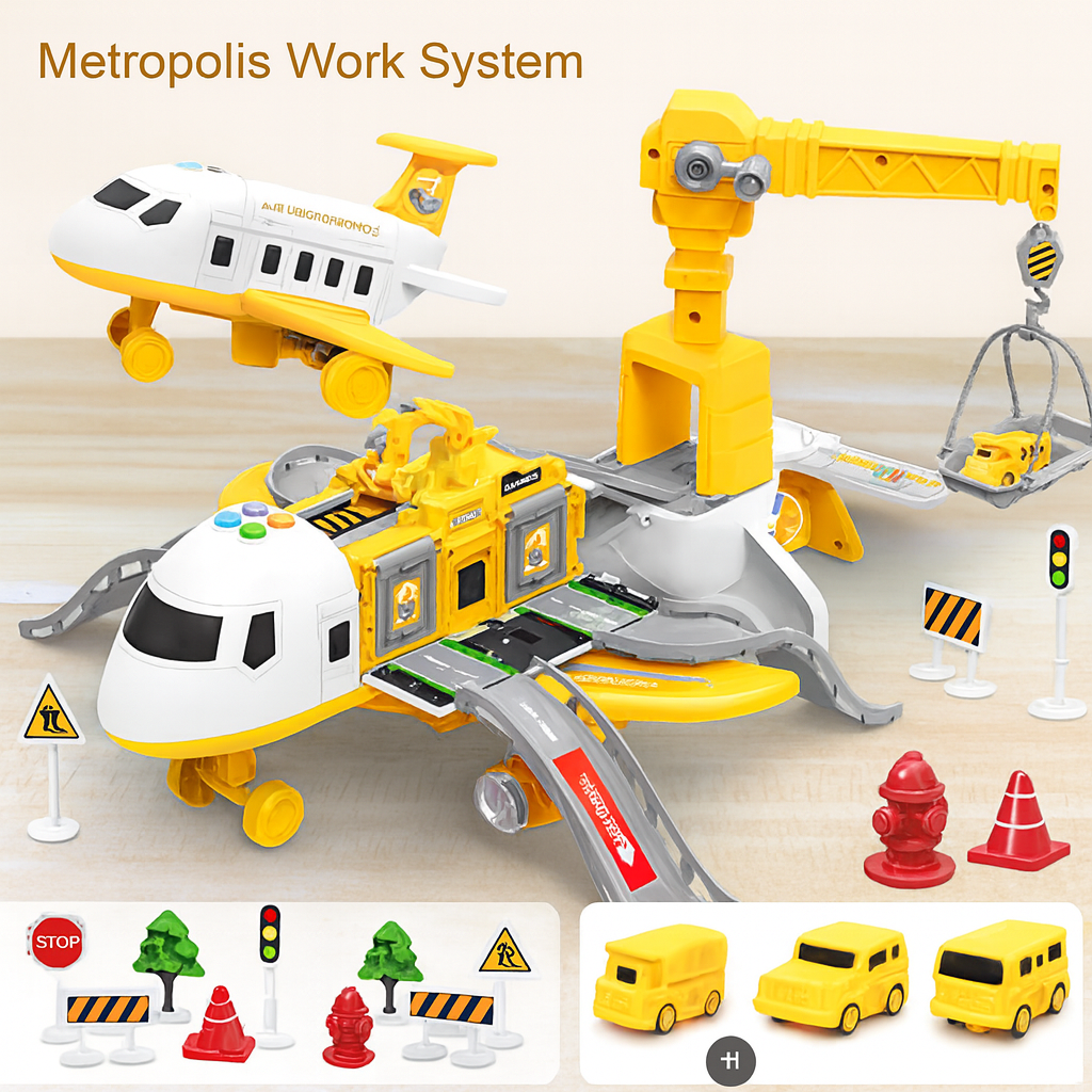 Fun transforming toy airplane for kids, featuring storage, music, and lights. Perfect children's gift & boys/girls toy.