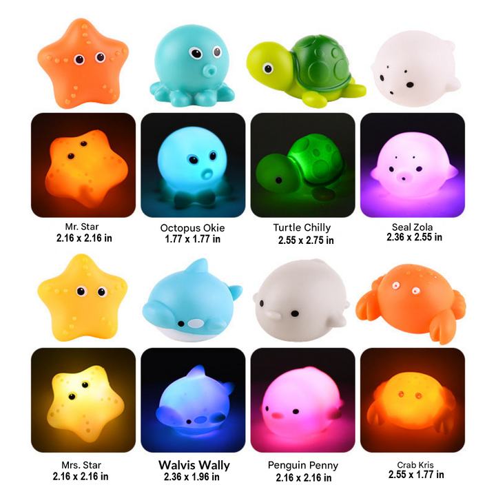 Children's light-up bath toys set. Twinkling water toys provide engaging sensory fun & developmental play.