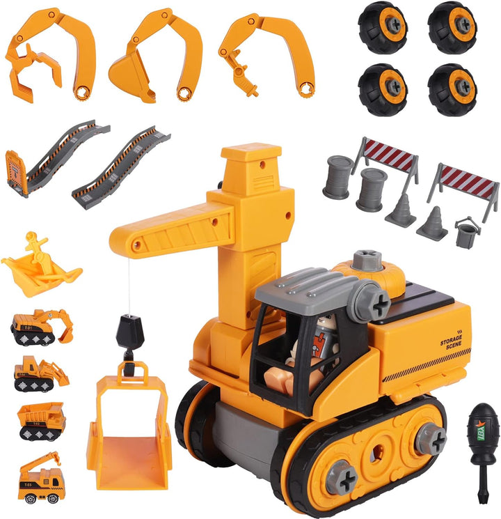 Child playing happily with a large construction building toy playset, developing motor skills and imagination.
