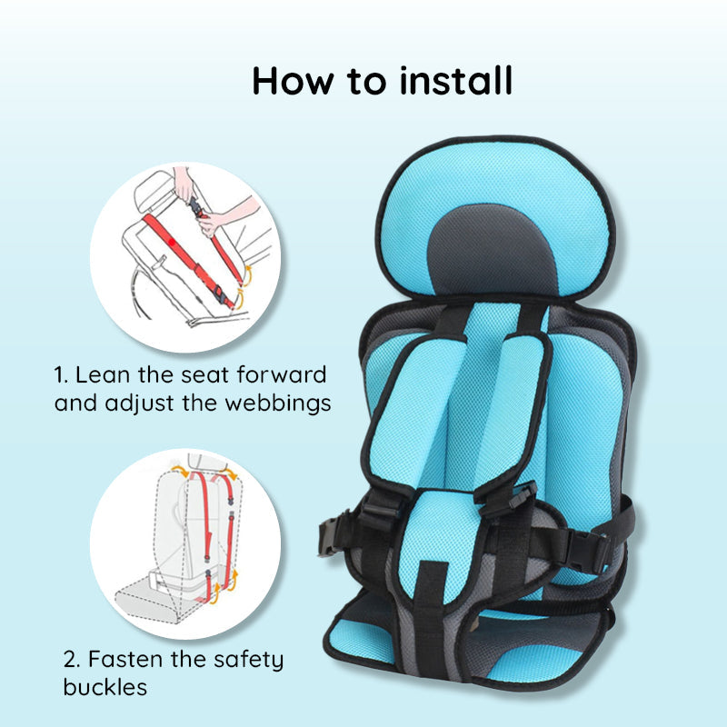 Adjustable child safety car seat cushion with comfortable padding & strong safety harness for toddlers.