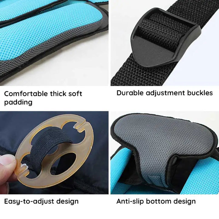 Front view of easy install kids' ultimate safety car cushion seat, showing robust design & harness.