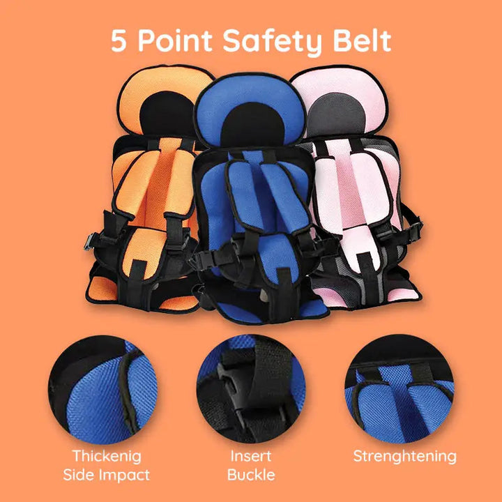 Kids' safety car cushion seat installed in a vehicle, demonstrating easy fit & secure kids travel.