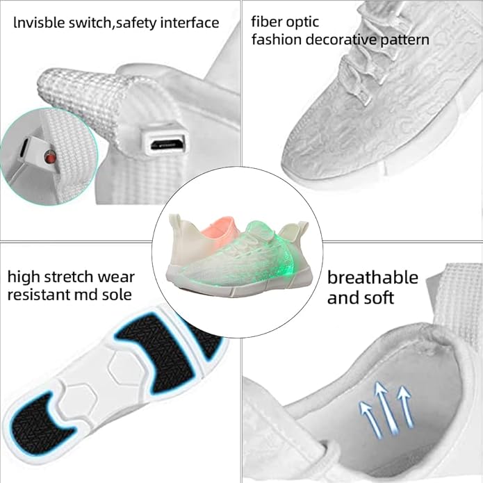 Rechargeable kids' unisex LED sneakers, showcasing bright light-up features for all-night wear at events.