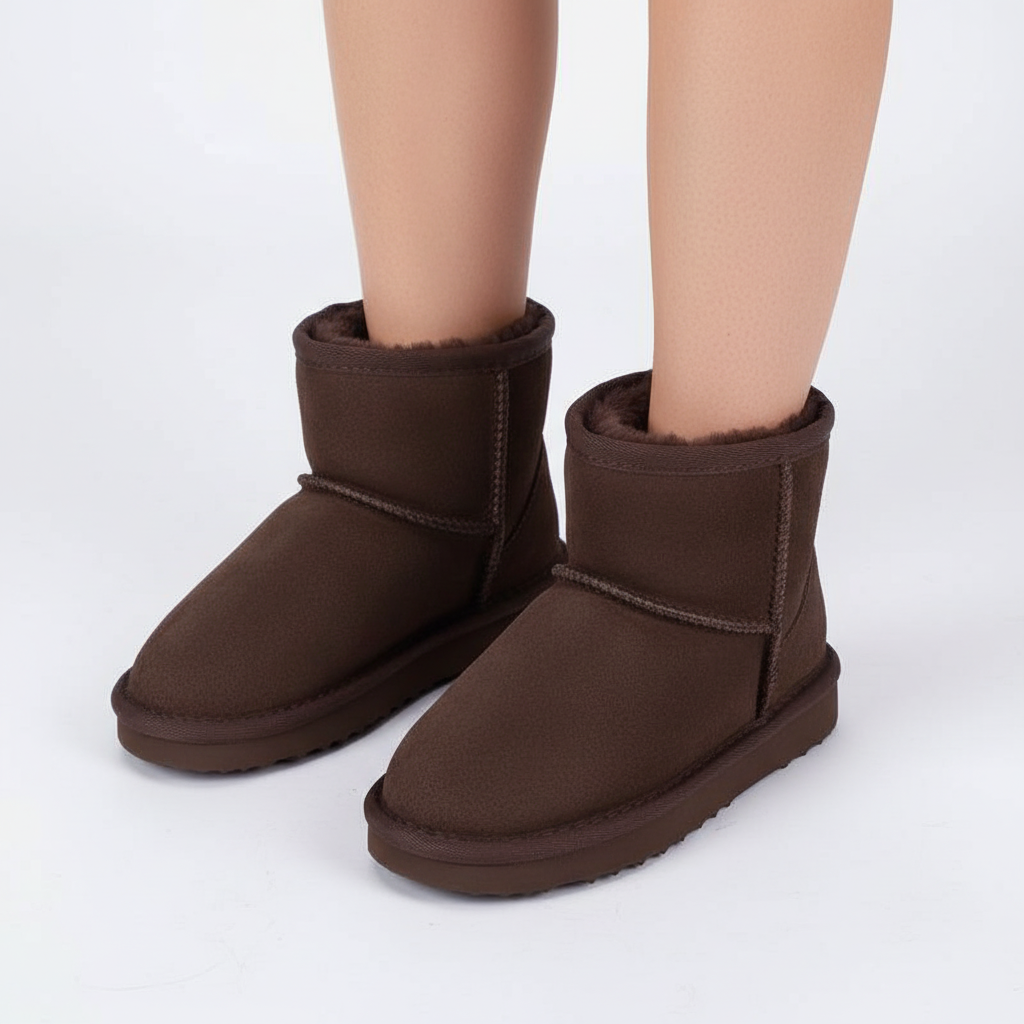 Child wearing waterproof warm winter boots, playing happily in snow, feet staying dry