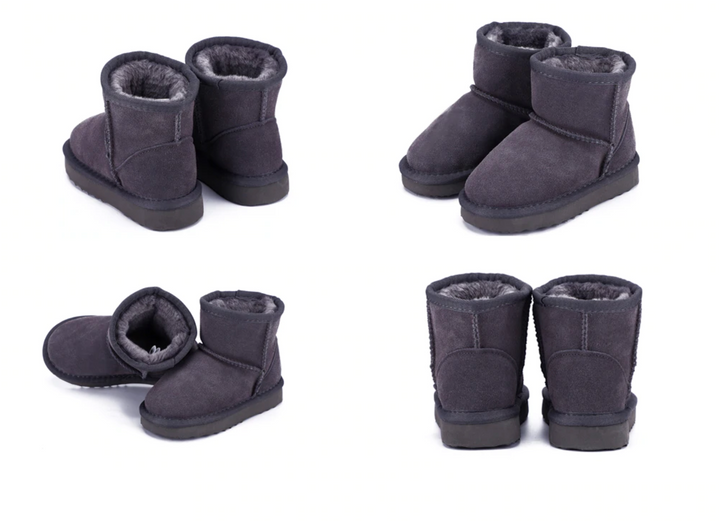 Close-up of kids' waterproof winter boot showing the durable material and warm insulation