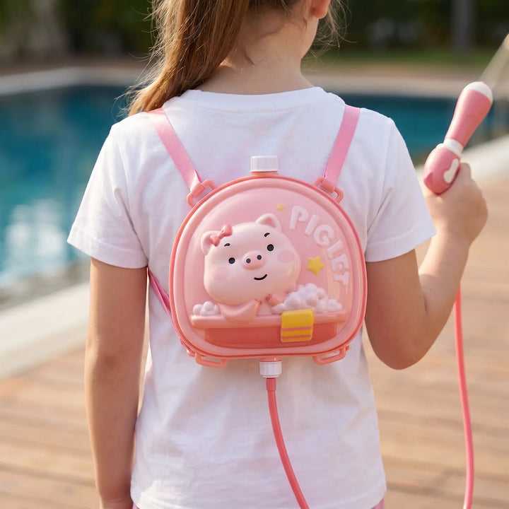 Kids' wearable backpack water blaster with adjustable straps, perfect for summer outdoor water play.